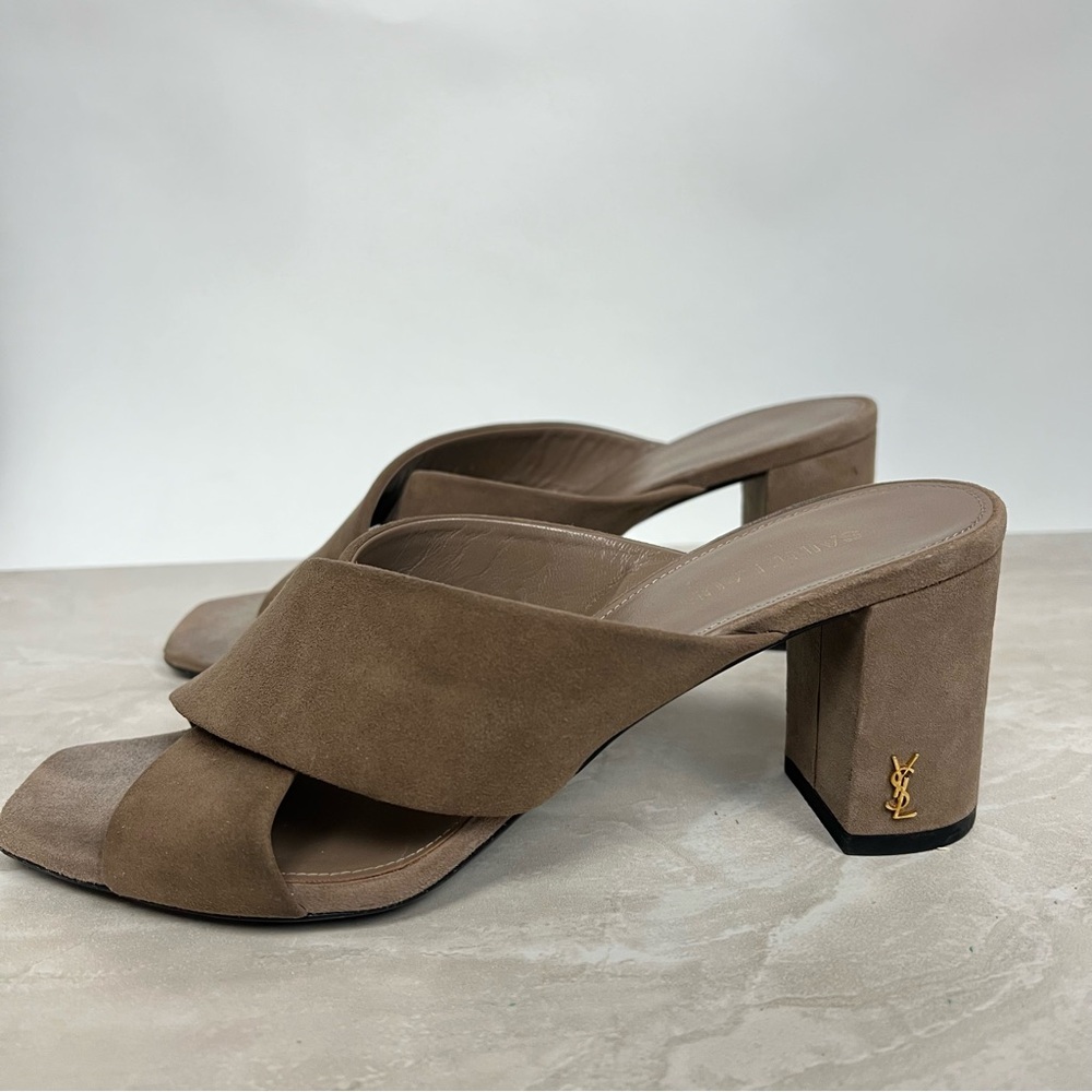 Saint Laurent Taupe Suede Crisscross Block Heel Mules with Gold YSL - Picture 5 of 13